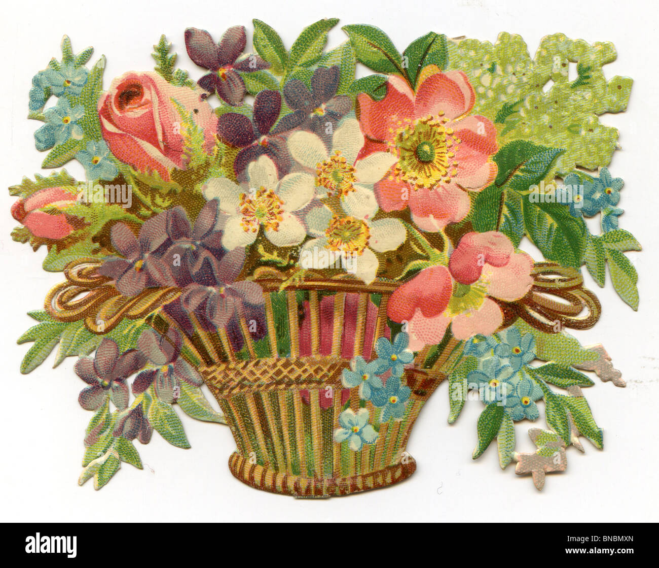 Basket of Roses, Violets and Forget-me-Nots Stock Photo
