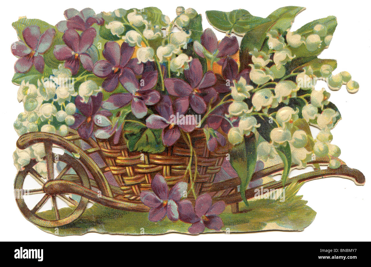 Lily of the Valley and Violets in a Wicker Wheelbarrow Stock Photo
