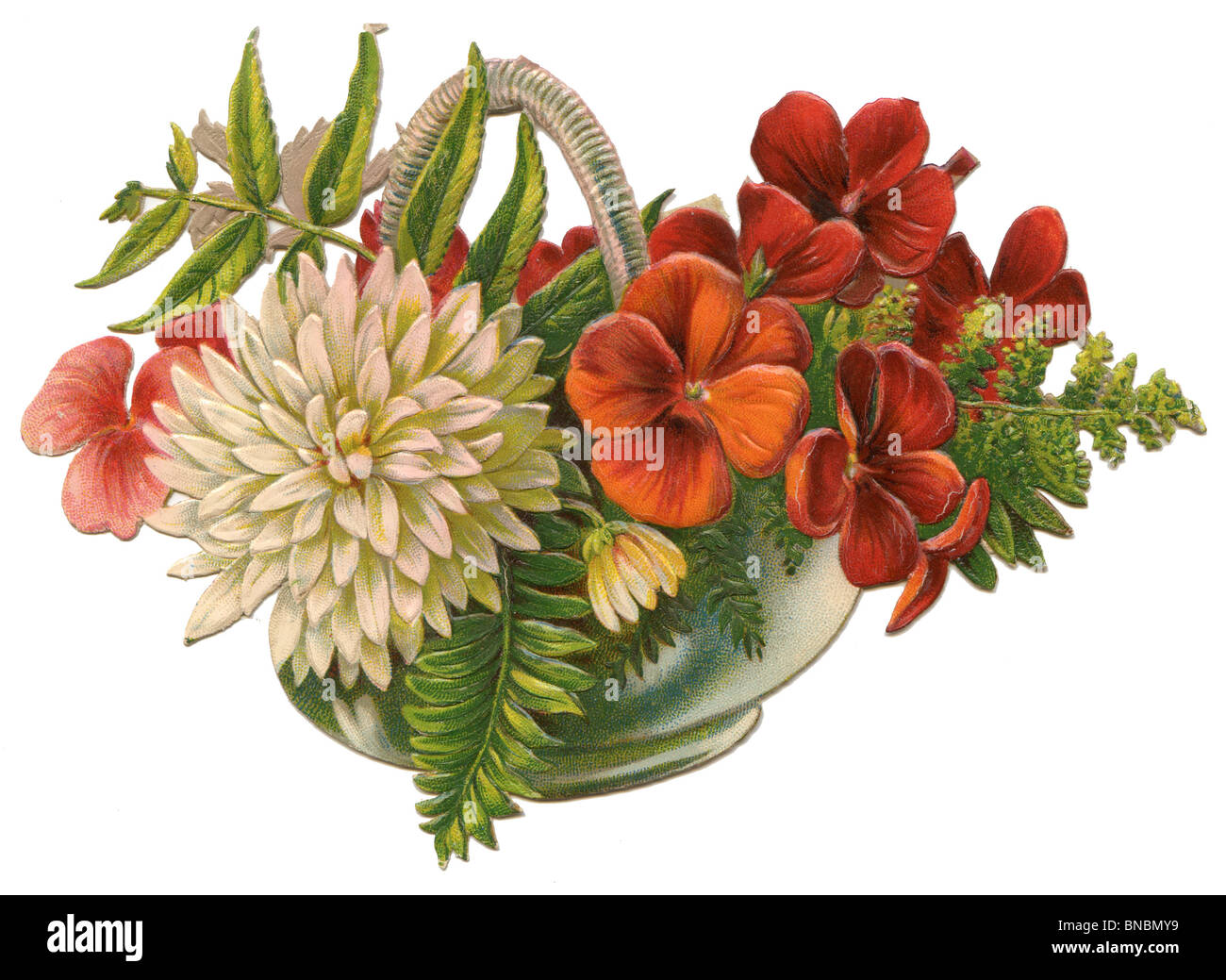 White Dahlia and Red Flowers in a Basket Stock Photo