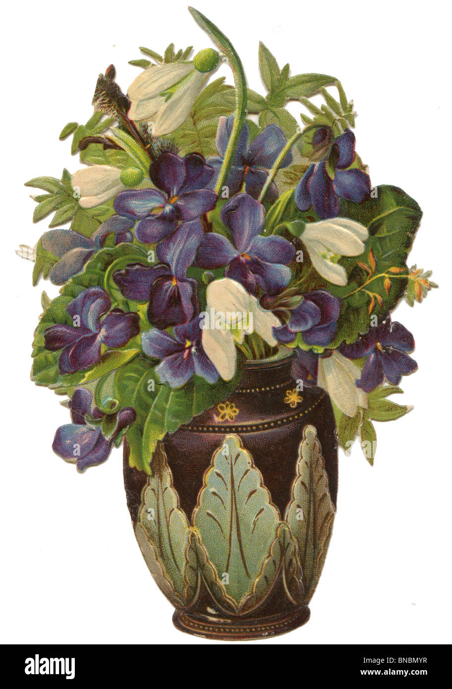 Snowdrops and Violets in a Decorative Vase Stock Photo