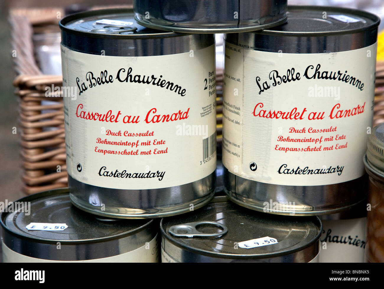 Cans of duck cassoulet on sale at French fair in London Stock Photo