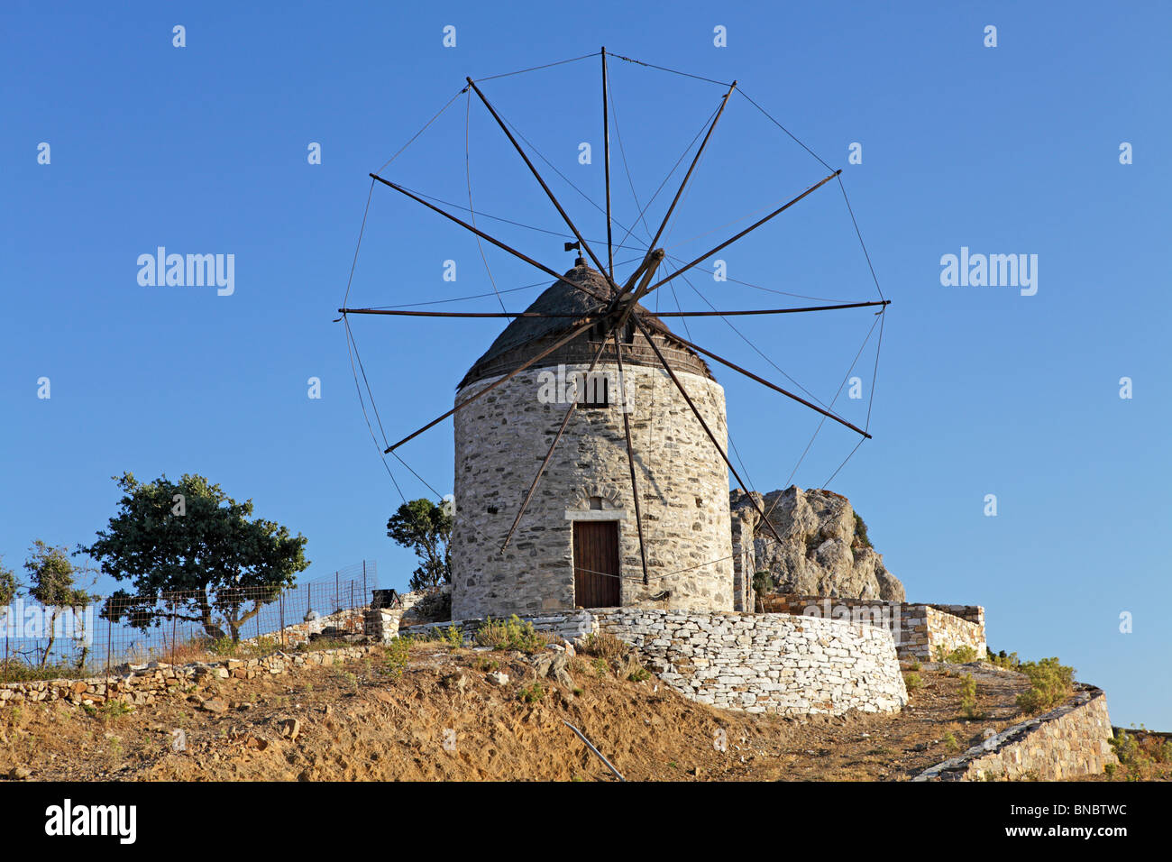 windmill near Apeiranthos, Island of Naxos, Cyclades, Aegean Islands, Greece Stock Photo