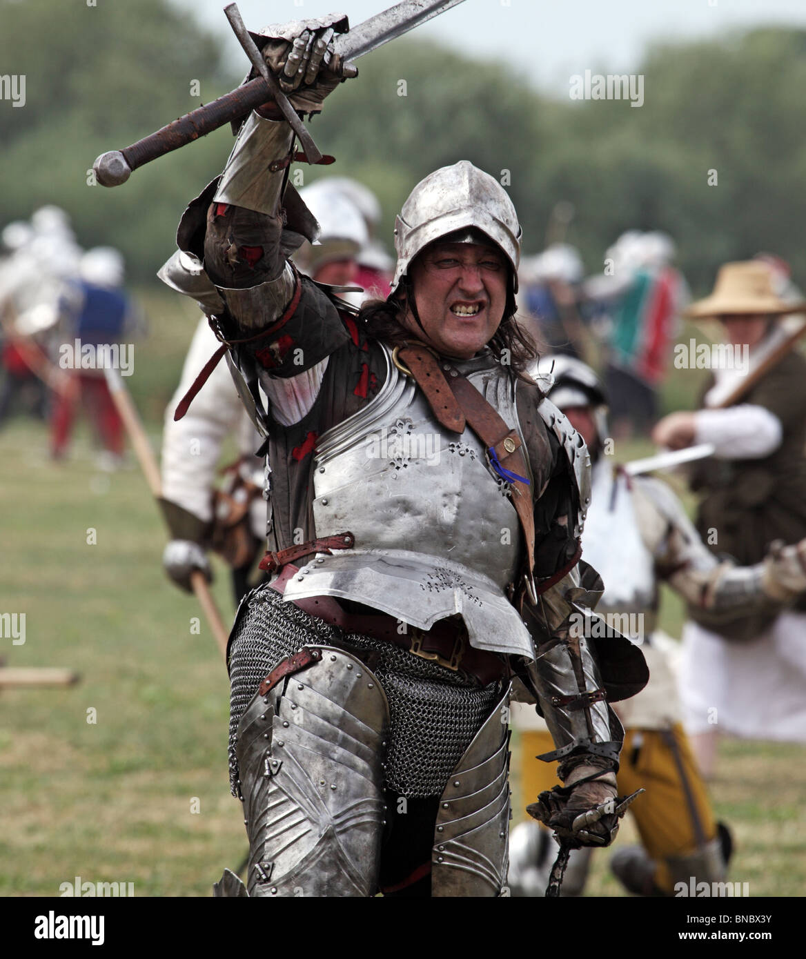 Battle of Tewkesbury Re-enactment, 2010. Man at arms shouts in victory Stock Photo