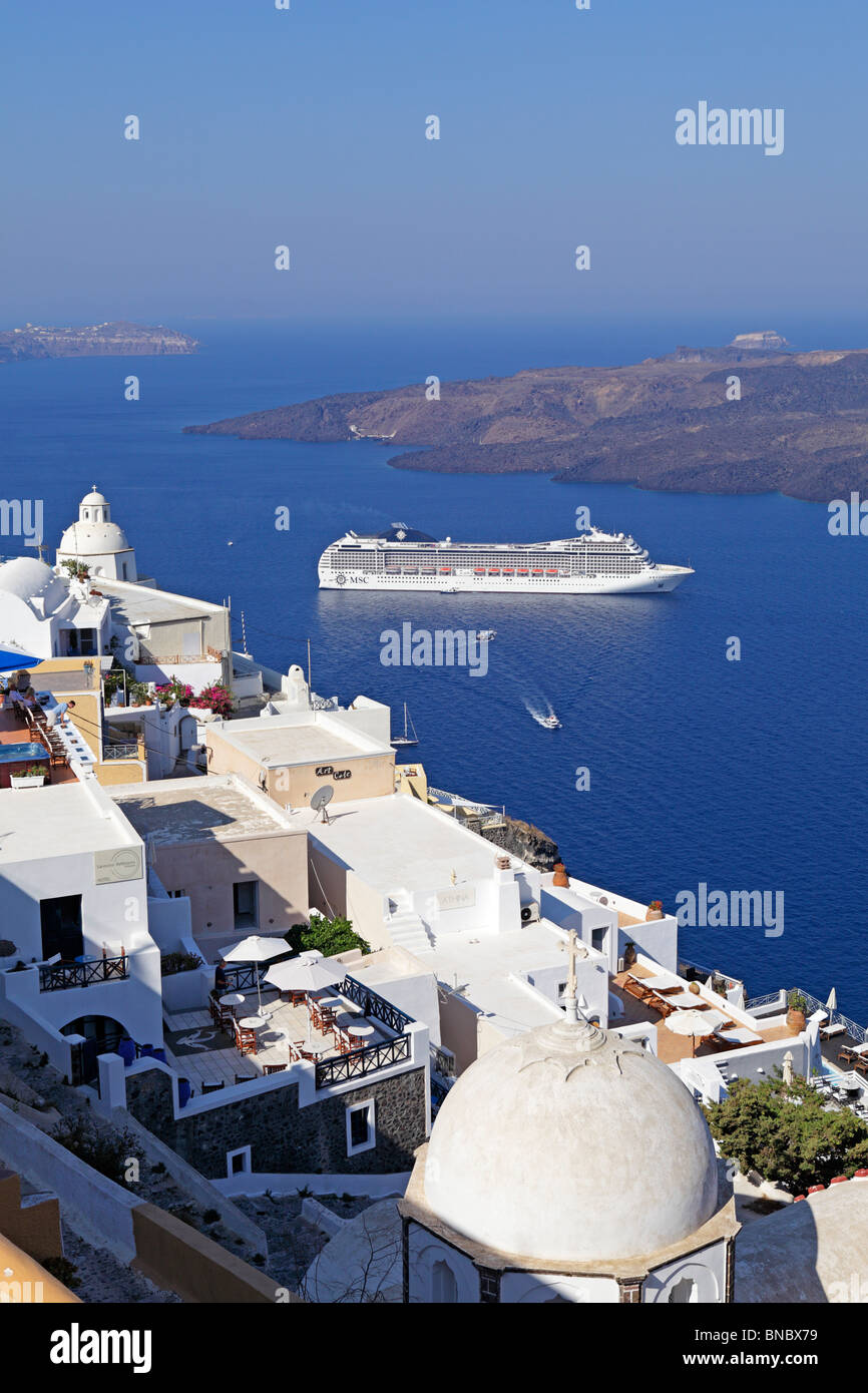 cruise liner anchoring off Santorini Island, Cyclades, Aegean Islands