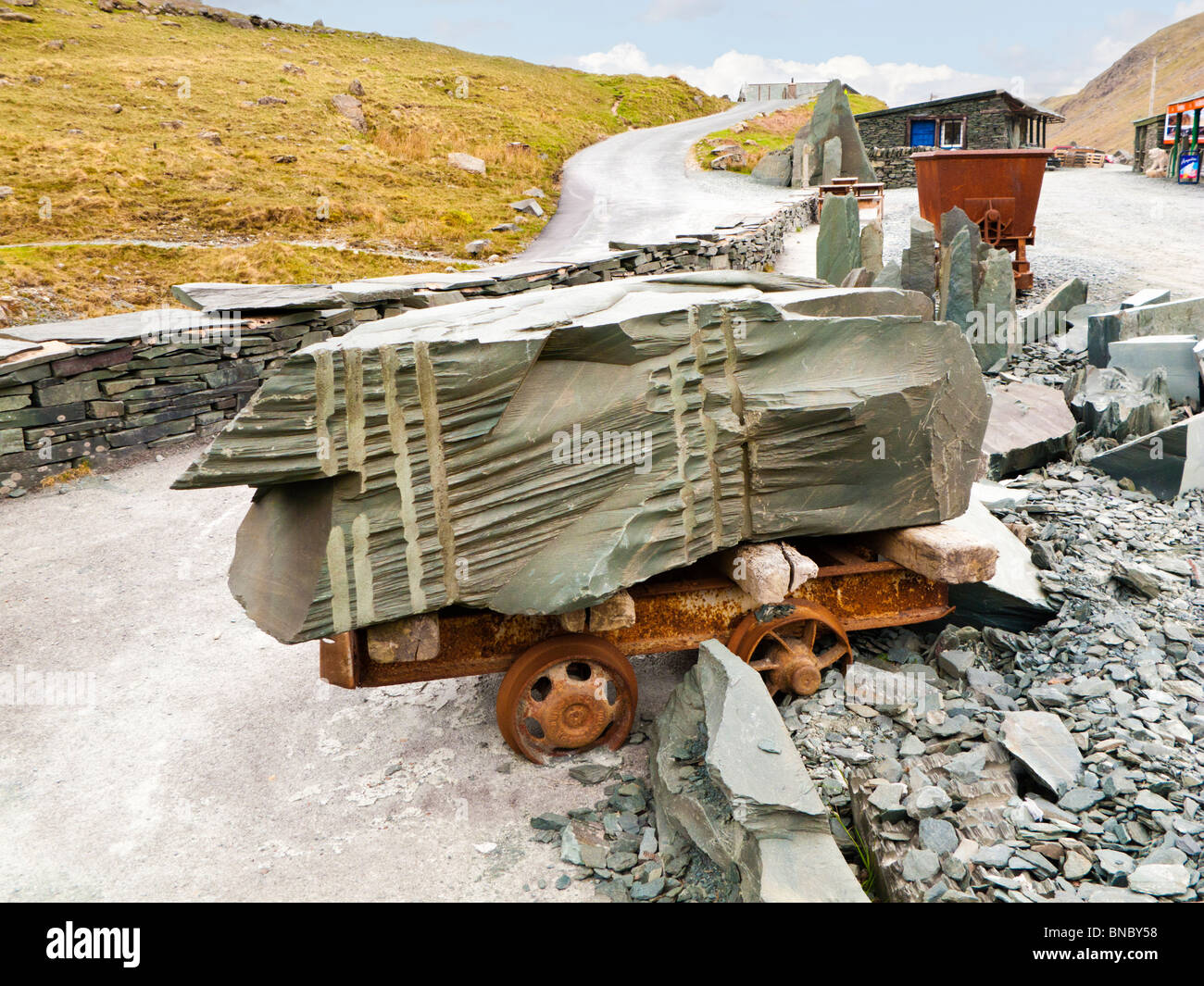 Large piece of quarried slate at Honister Slate Mine, The Lake District, Cumbria, England, UK