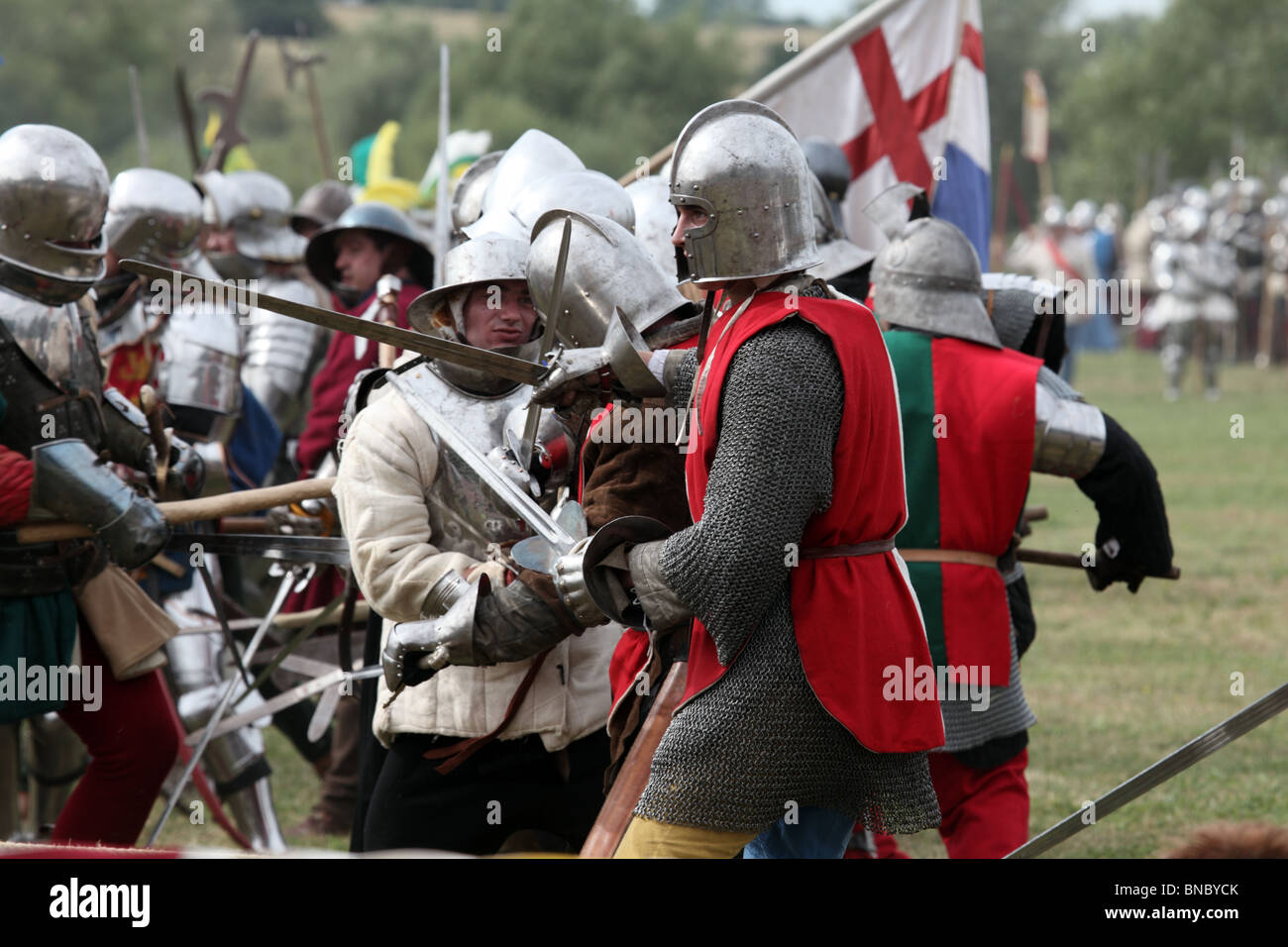 Battle of Tewkesbury Re-enactment, 2010. Men at arms in the thick of the pitched battle Stock Photo
