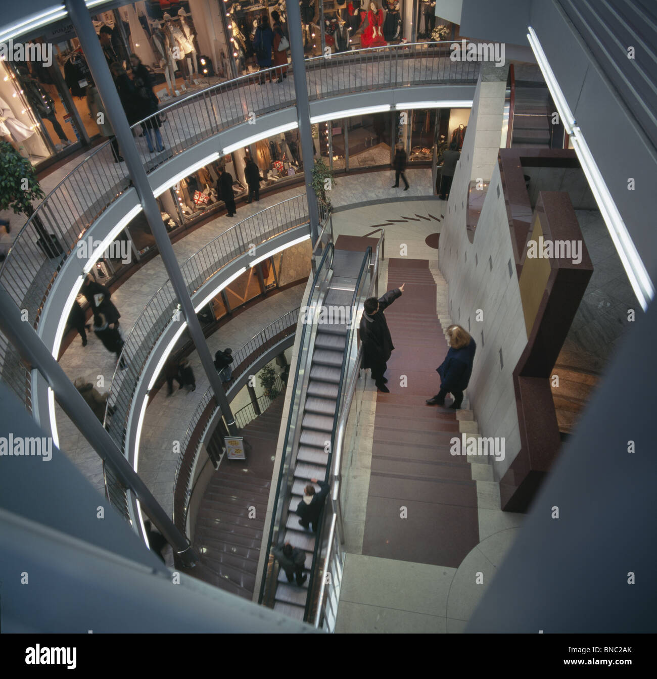 Haas Haus Stephansplatz Vienna. By Viennese architect Hans Hollein, late 1980s Post modern. Interior with escalator. Stock Photo