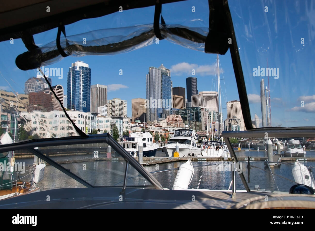 View of the Seattle skyline as seen through a boat docked inside the