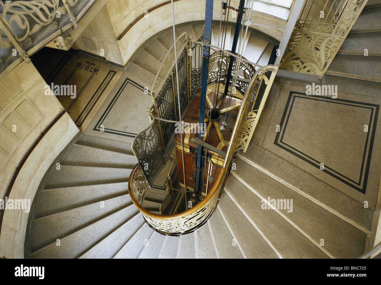 The Majolika Haus, Vienna. Apartment block 1898 by Otto Wagner.  Stairwell and elevator shaft. Art nouveau Jugendstil Secession Stock Photo