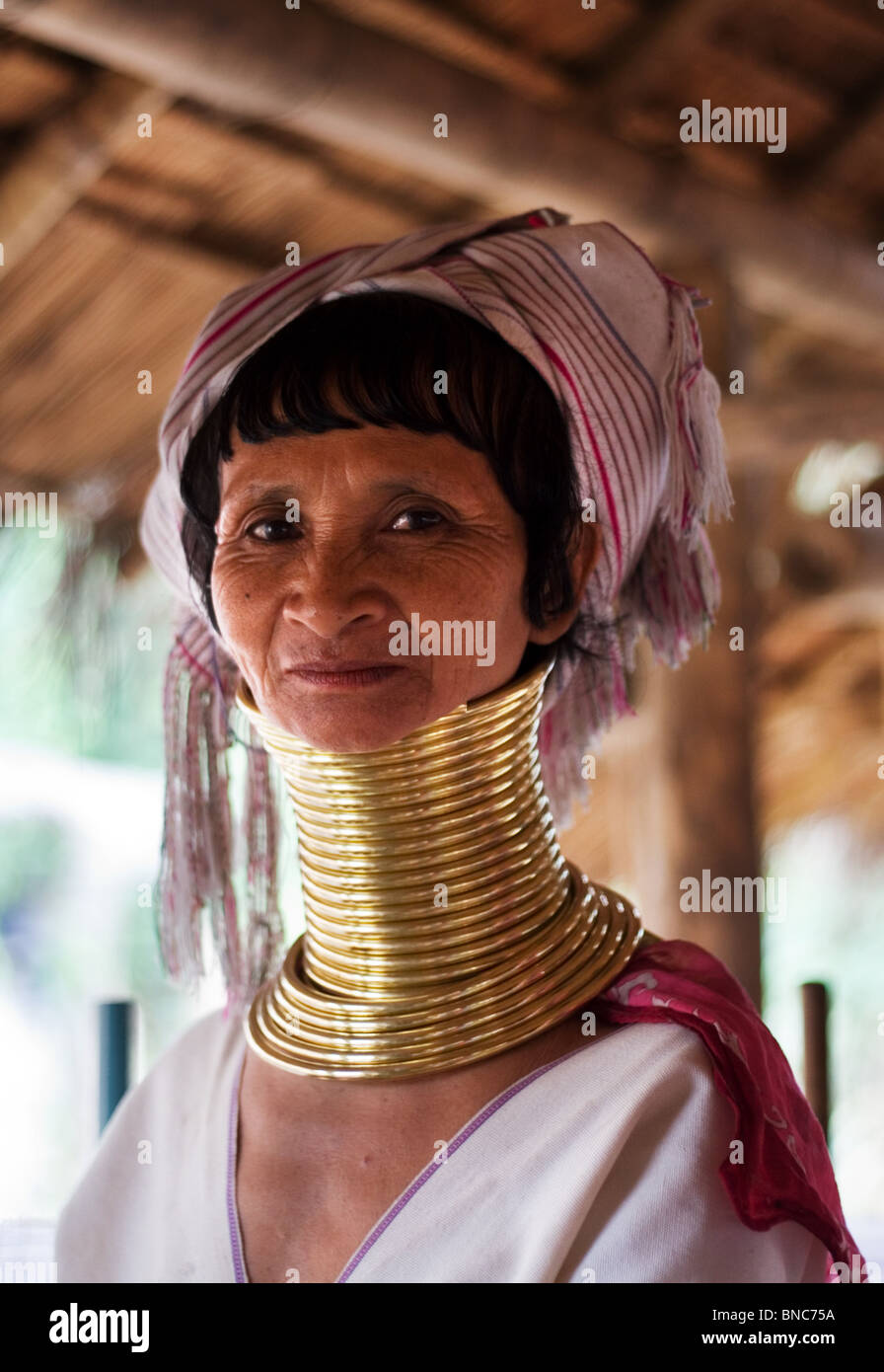 Woman from the Padaung long neck hill tribe, Tha Ton, Chiang Mai Province, Thailand Stock Photo