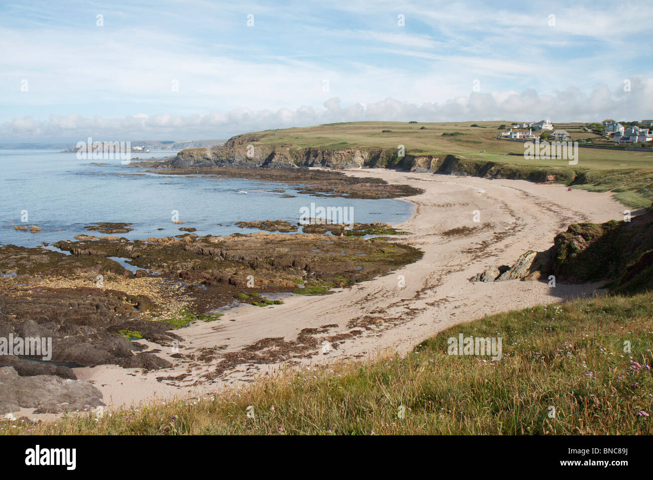 Panoramic of scenic rugged coastline and beach around Thurlestone in Devon on a sunny summers day at low tide Stock Photo