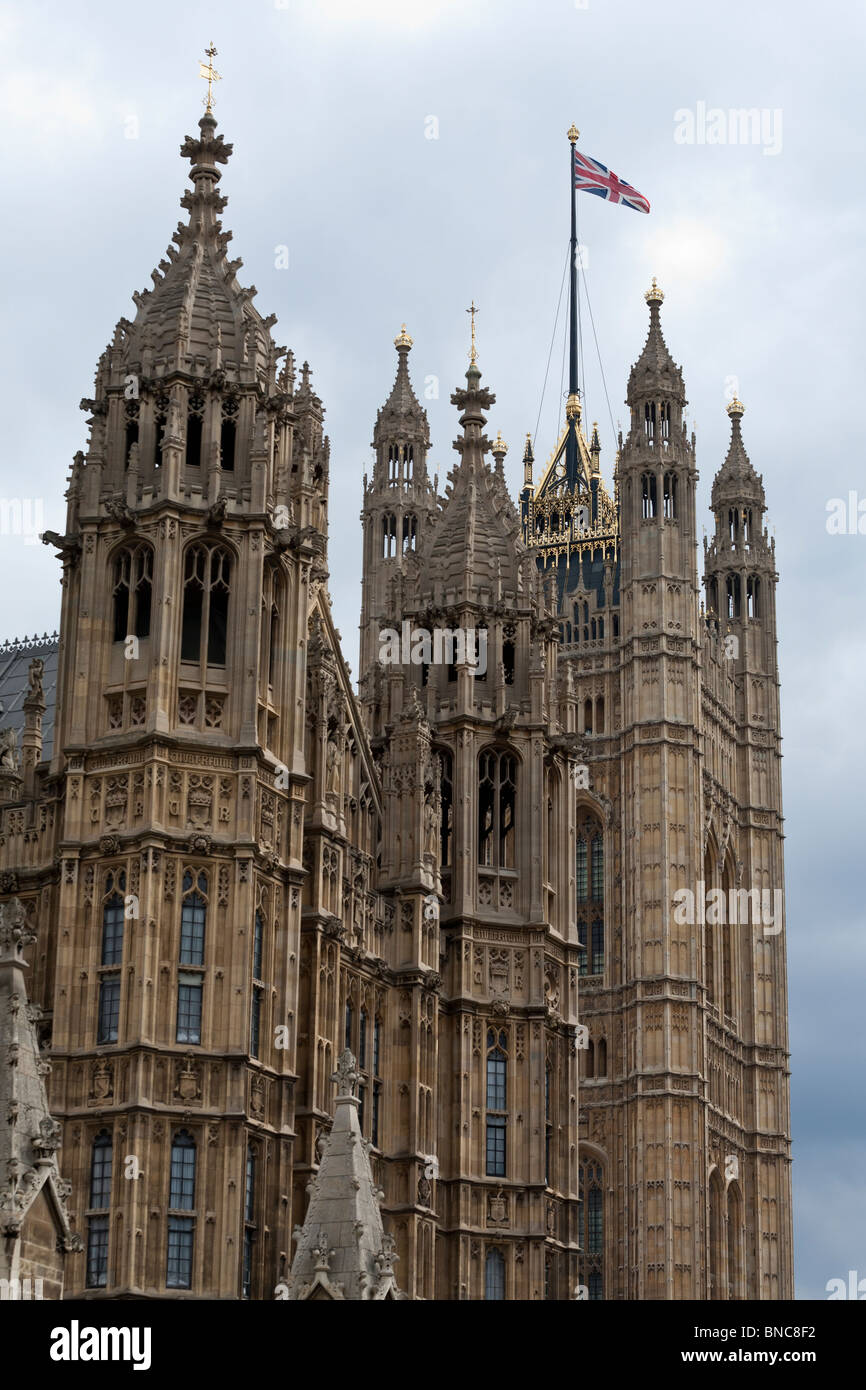 Union Jack Flying high over Westminster. A union jack flag flies over