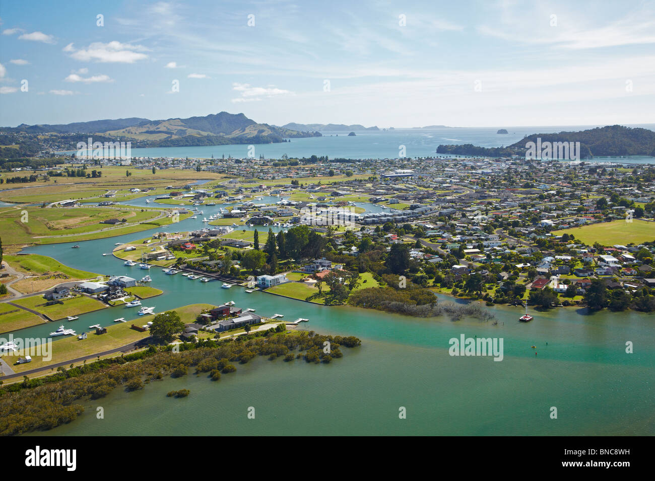 Whitianga Waterways, Whitianga, Coromandel Peninsula, North Island, New Zealand - aerial Stock Photo