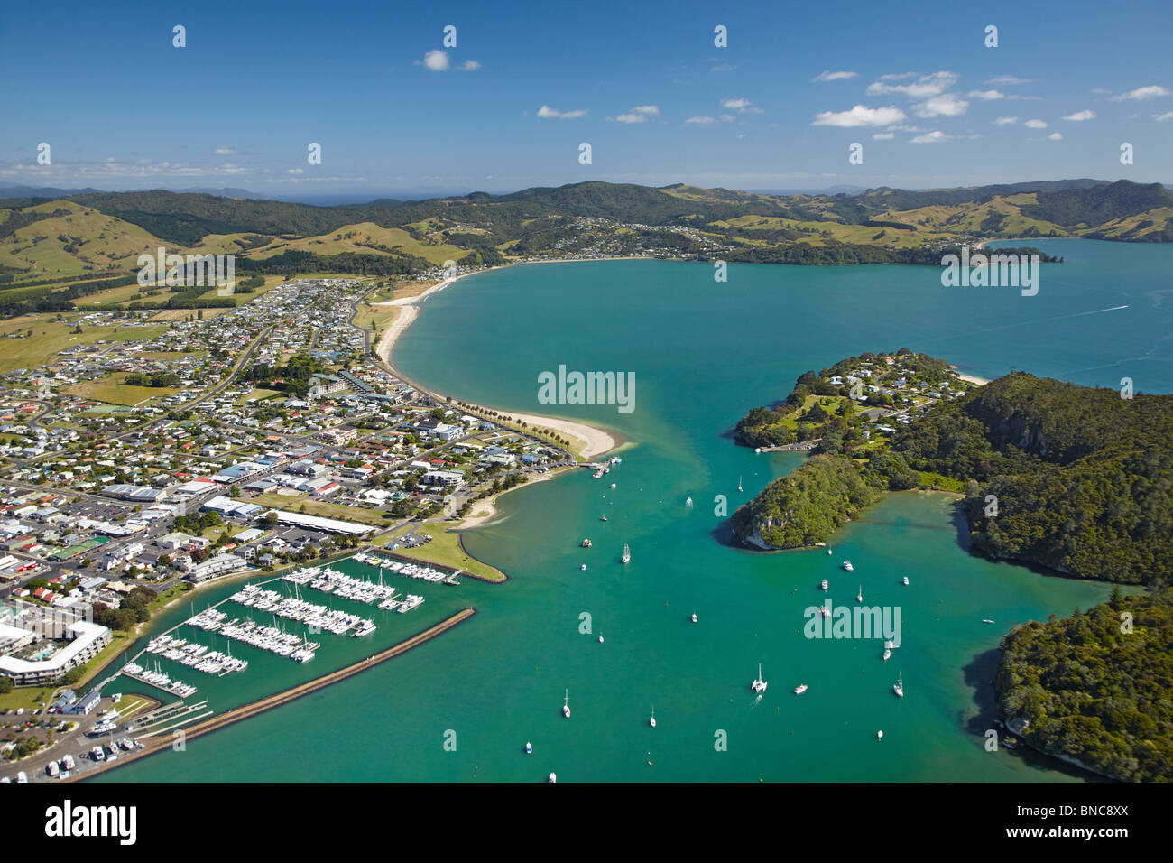 Marina, Whitianga Harbour, Whitianga, Coromandel Peninsula, North Island, New Zealand - aerial Stock Photo