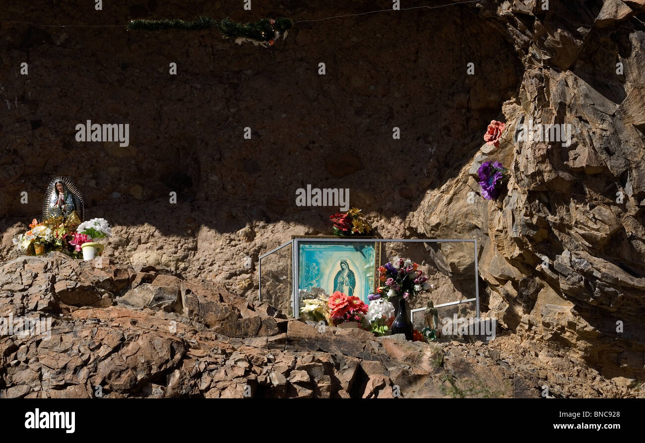 An Our Lady of Guadalupe altar is seen in San Javier Mission near Loreto village in Mexico's southern Baja California state Stock Photo