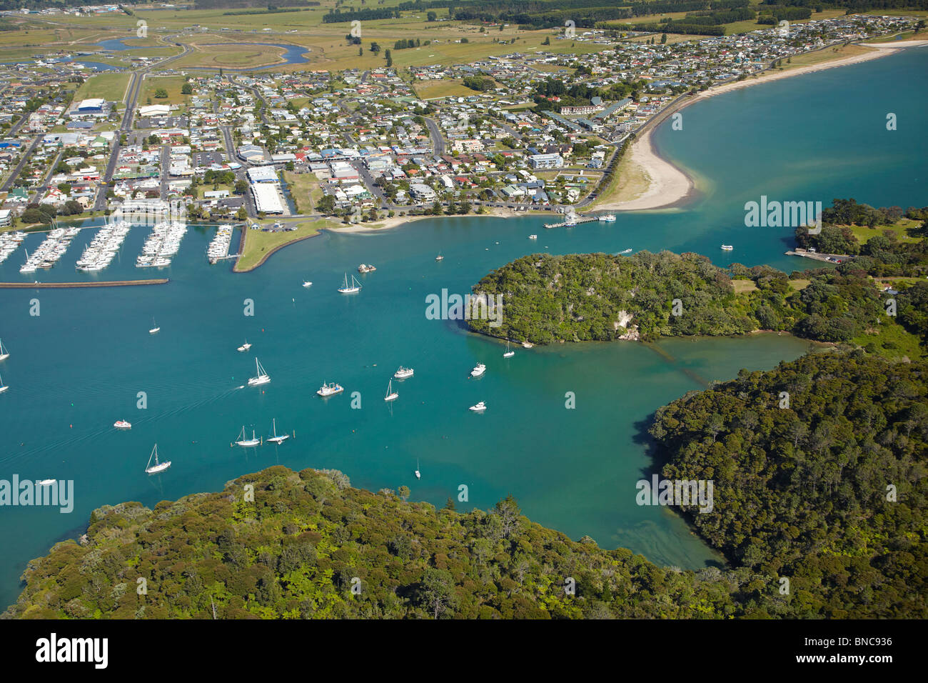 Whitianga Harbour, Whitianga, Coromandel Peninsula, North Island, New Zealand aerial Stock