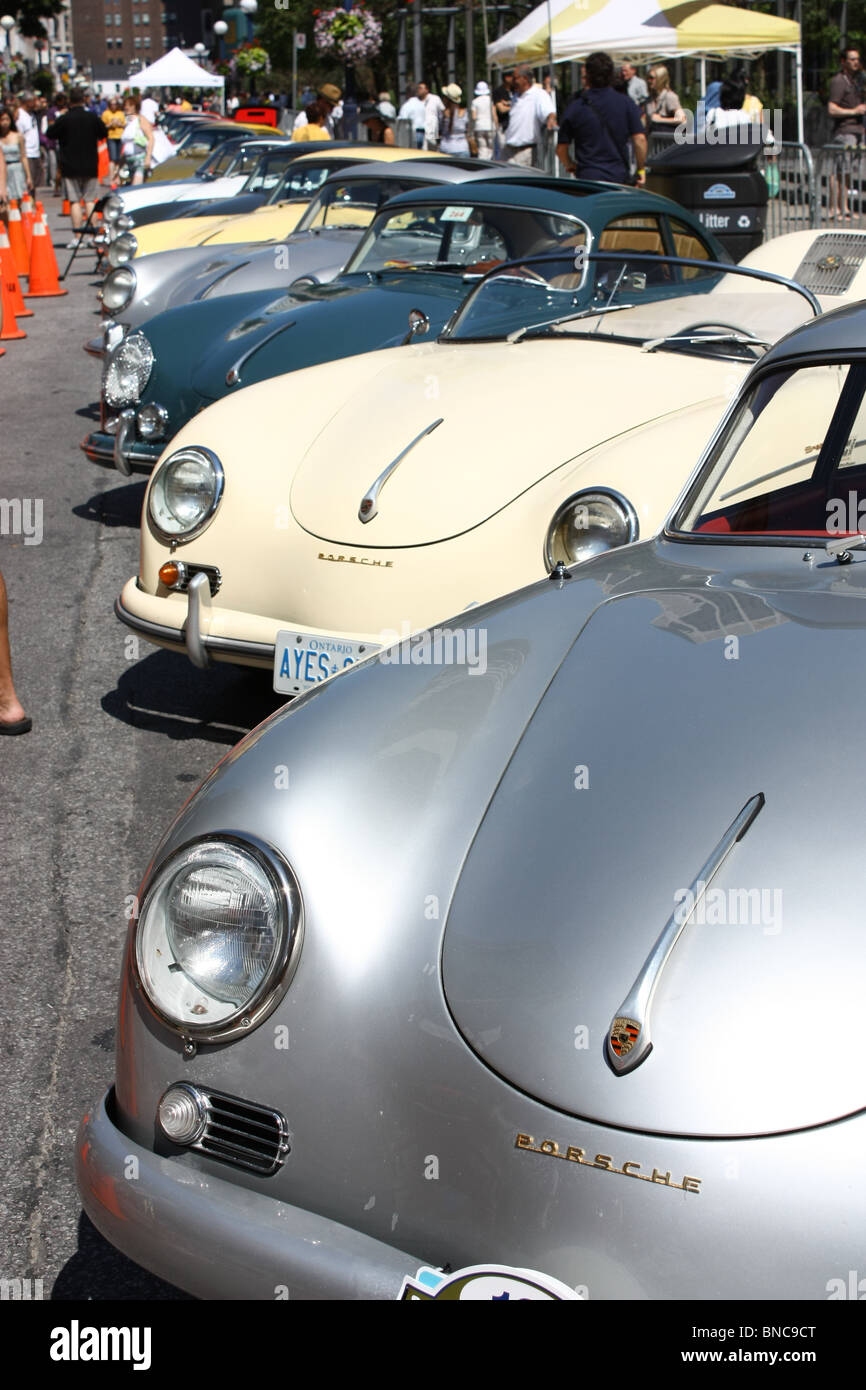 vintage old Porsche lineup outdoor display Stock Photo