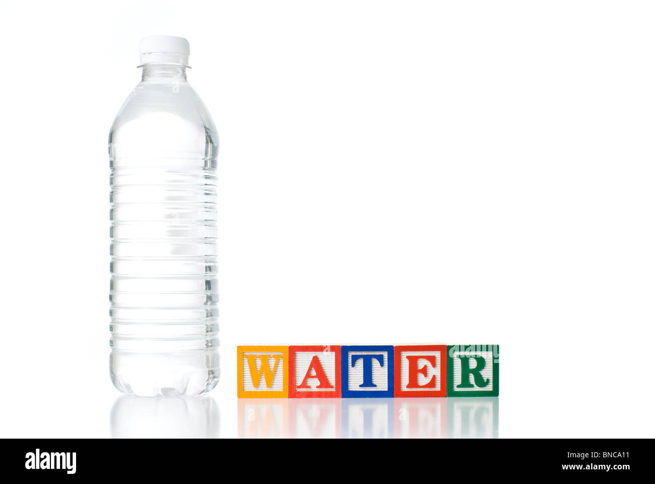 Colorful children's blocks spelling WATER with a clear plastic water ...