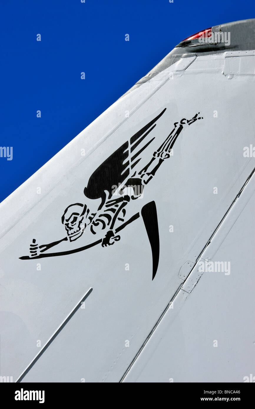 Grim Reaper insignia on vertical tail of Grumman F-14 Tomcat navy fighter jet Calverton Long Island NY Stock Photo