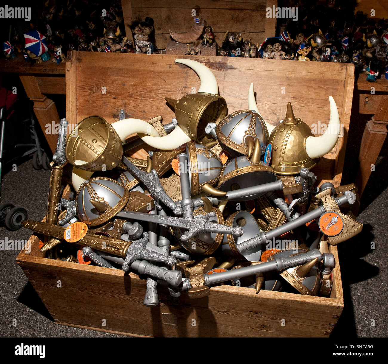 Viking swords and helmets for dress-up, Iceland Stock Photo