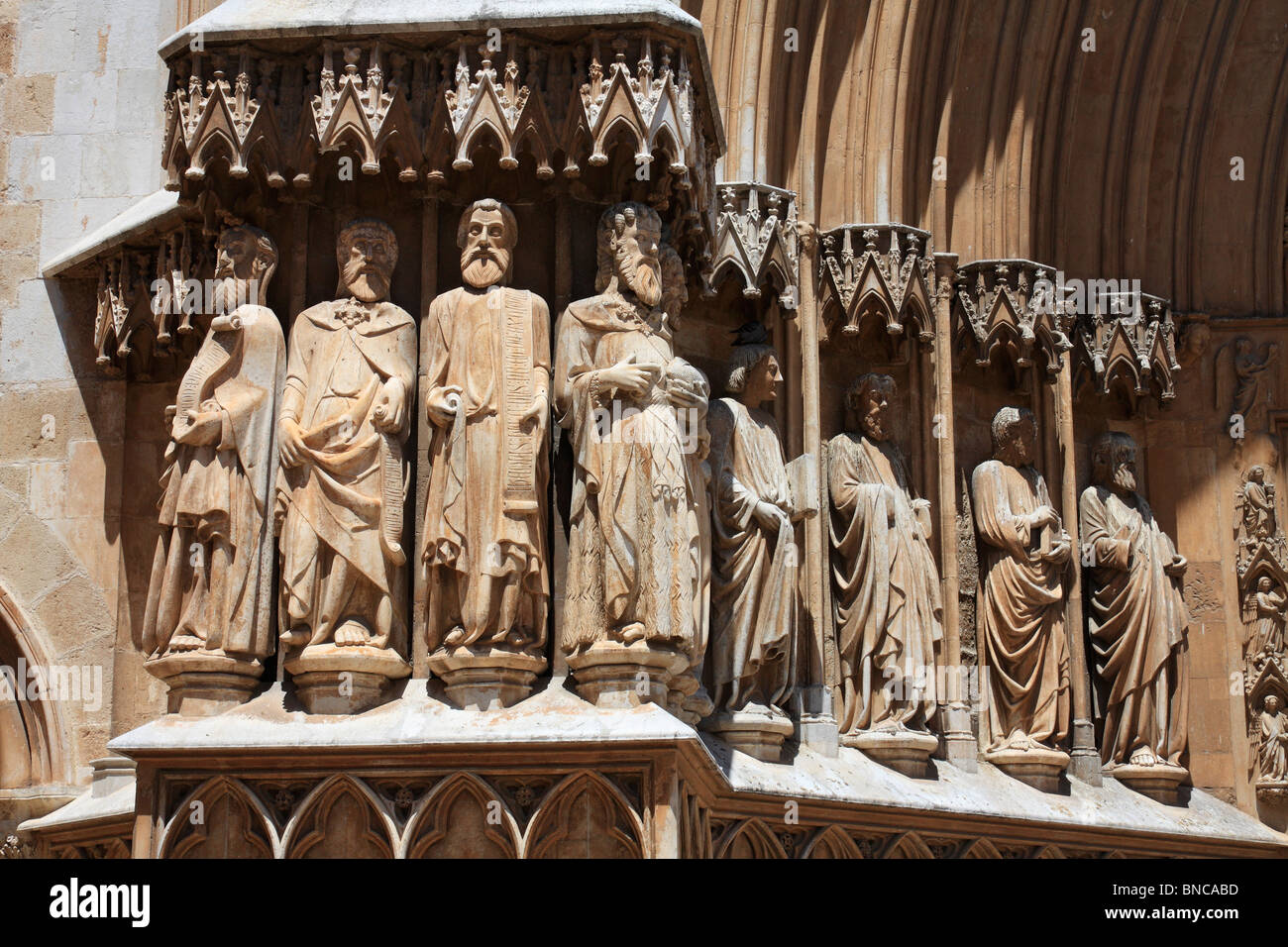 Carved statues on Cathedral of Santa Maria in Tarragona, in south Catalonia on the north-east of Spain, by the Mediterranean. Stock Photo