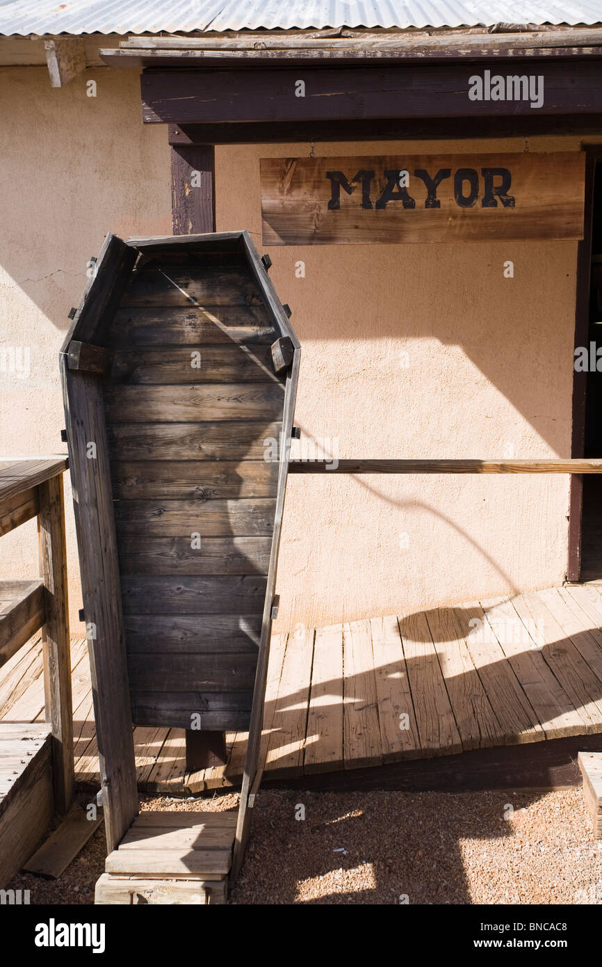 Coffin in front of the Mayor's Office, Tombstone, Arizona. Stock Photo