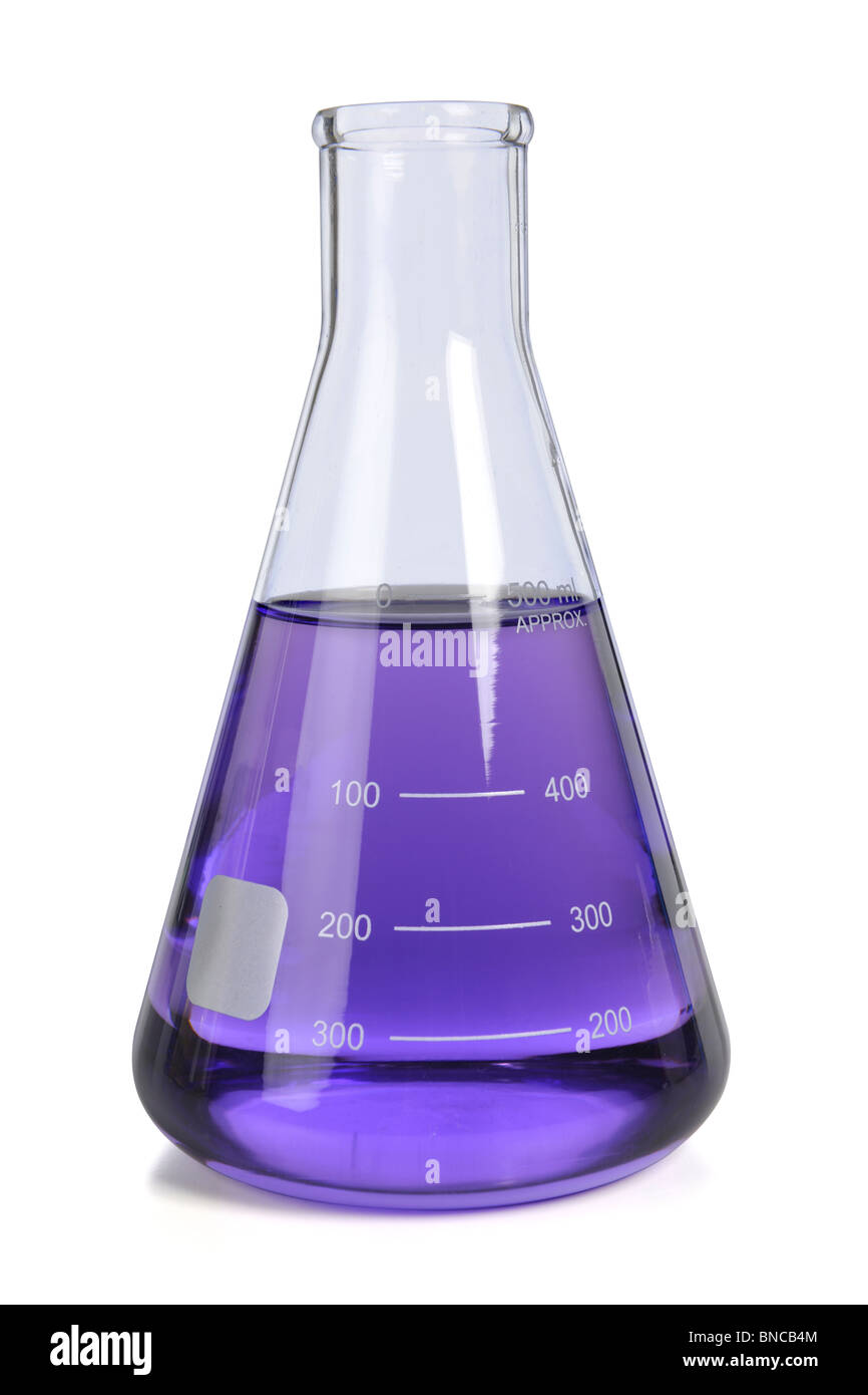 Laboratory flask with fluid isolated over white background - With clipping path Stock Photo