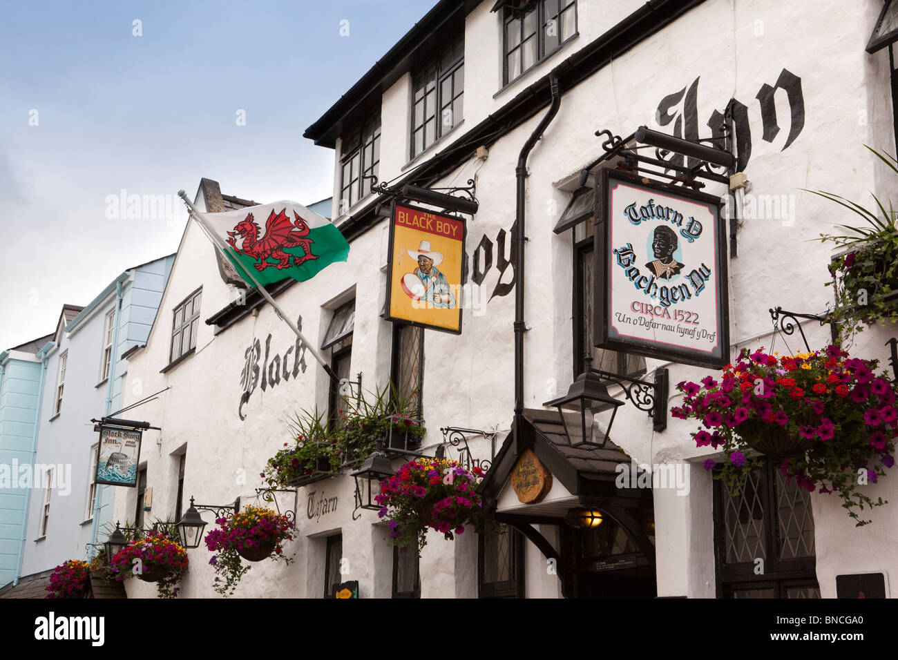 UK, Wales, Gwynedd, Caernarfon, Stryd y Plas, ancient Black Boy Inn Caernarvon’s oldest pub Stock Photo