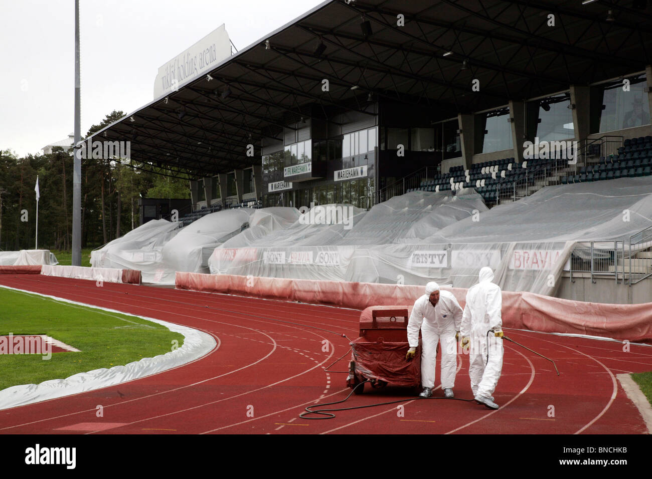 Preparations for Island Games the running track is washed at Wiklöf Holding Arena in Mariehman, May 27 2009 Stock Photo