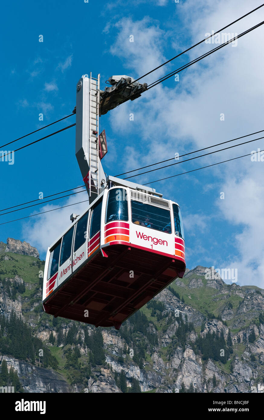 Cable car transportation from Wengen to Mannlichen in Swiss Alps Stock