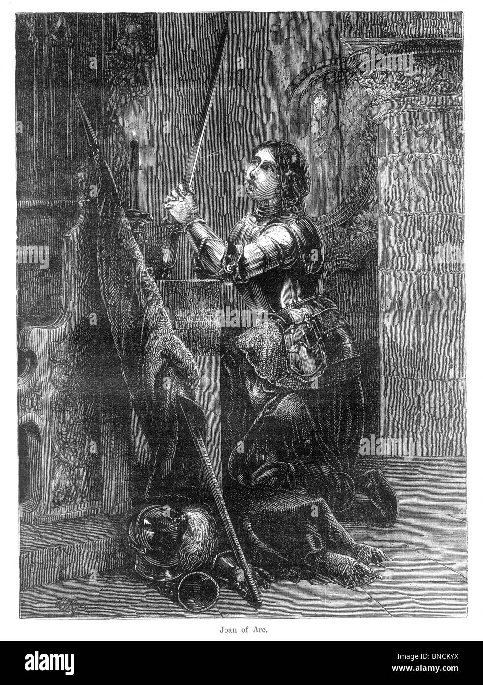 Black and White Illustration of Joan of Arc Praying Stock Photo