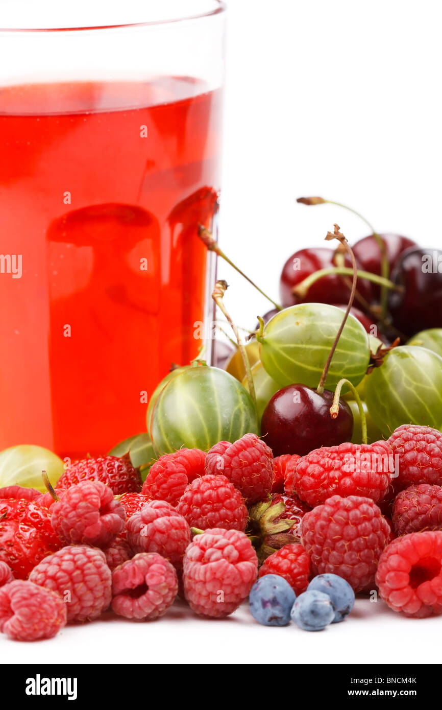 different kinds of berries with glass of juice Stock Photo Alamy
