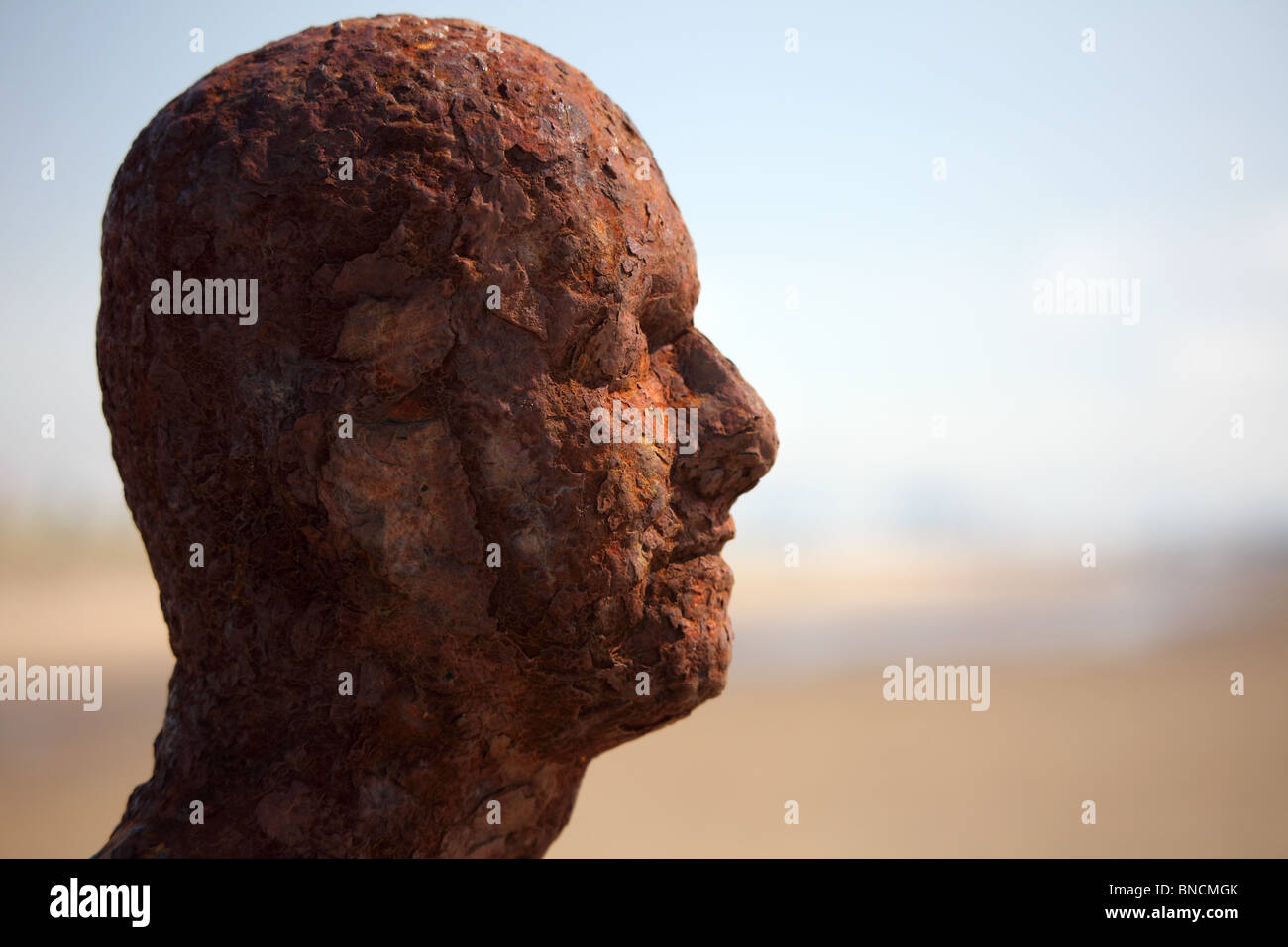 Detail of weathered cast-iron sculpture of Antony Gormley's head, Crosby Beach Sefton, Liverpool Stock Photo