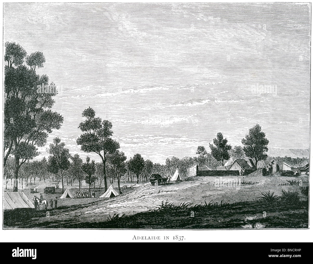 An engraving entitled 'Adelaide in 1837' - published in a book about Australia printed in 1886. Stock Photo