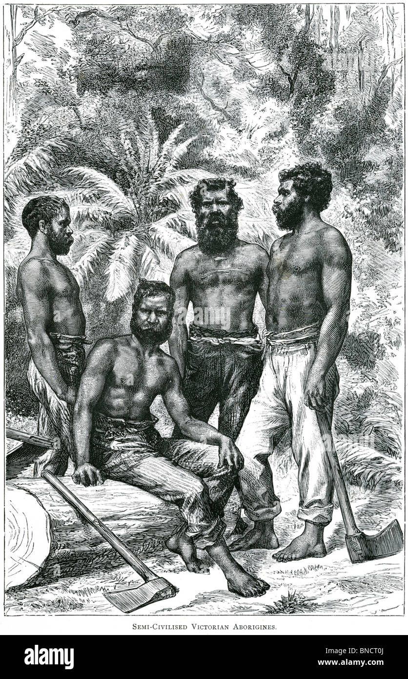 An engraving entitled 'Semi-Civilised Victorian Aborigines' - published in a book about Australia printed in 1886. Stock Photo
