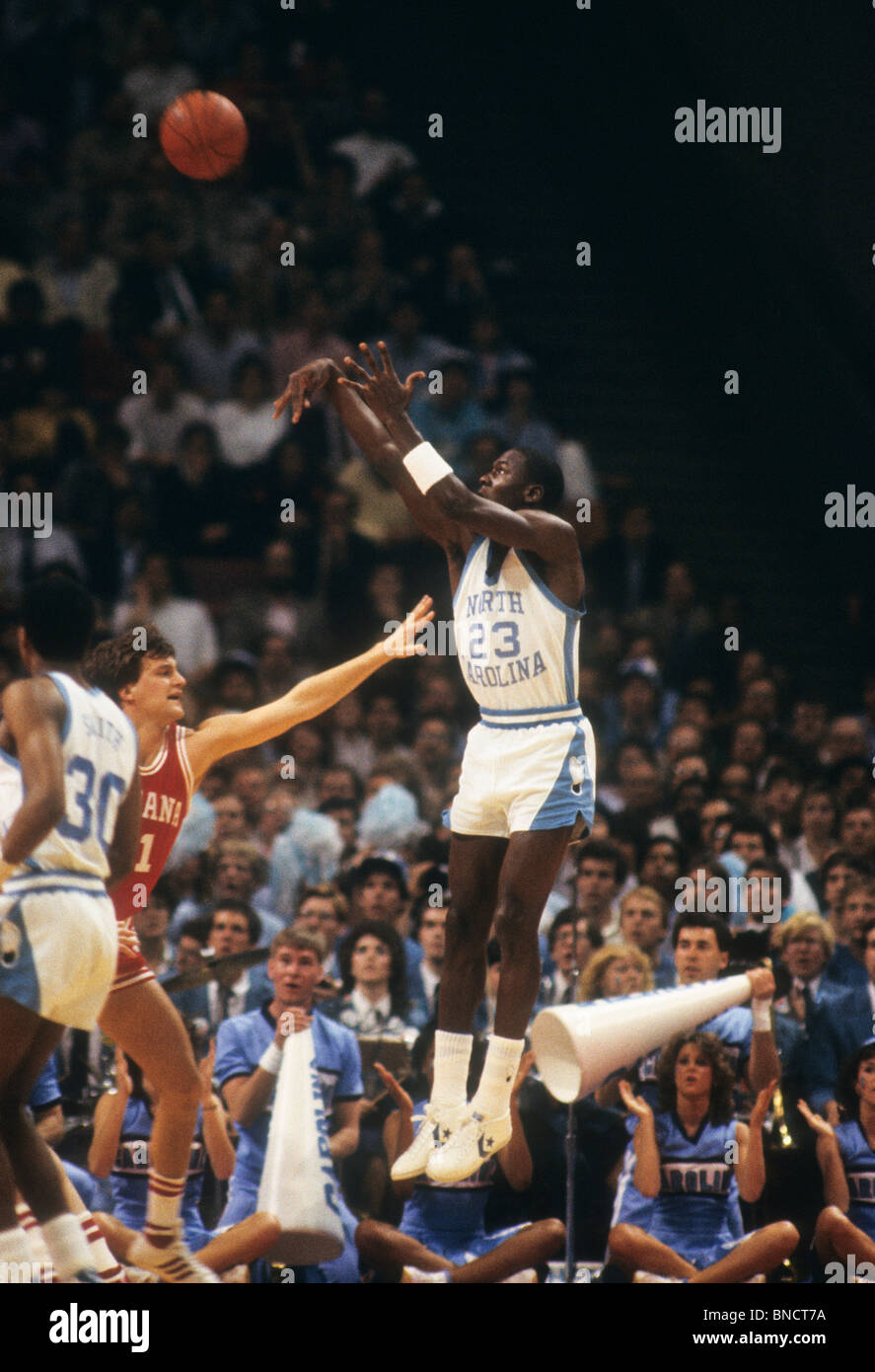 Michael Jordan playing for North Carolina in a College game against Indiana in 1984. Stock Photo