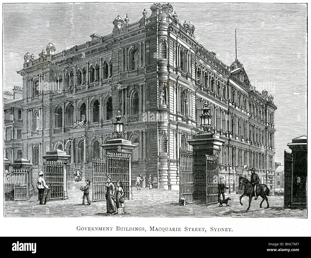 An engraving of Government Buildings, Macquarie Street, Sydney, New South Wales, Australia, published in a book printed in 1886. Stock Photo