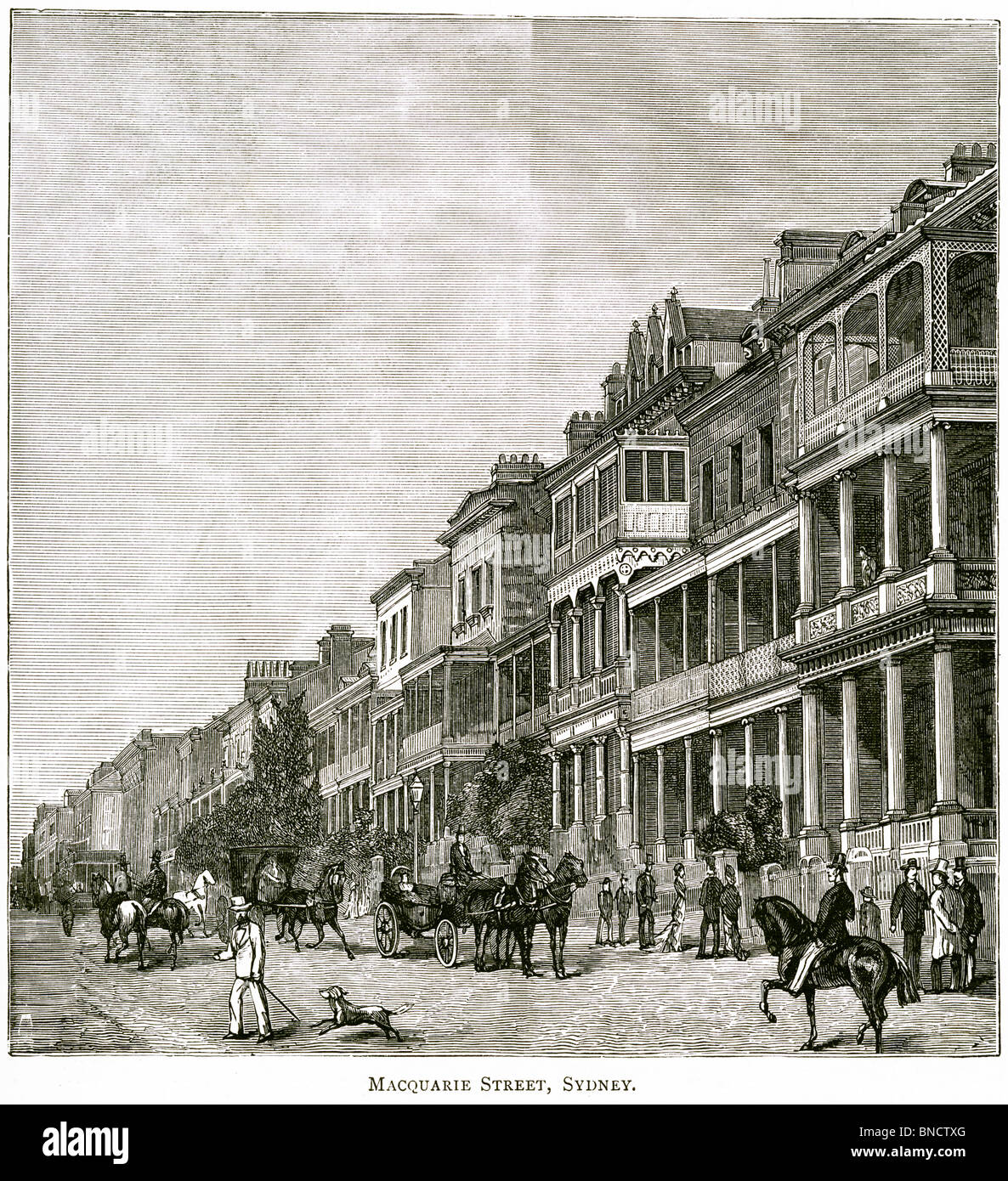 An engraving of Macquarie Street, Sydney, New South Wales, Australia - published in a book printed in 1886. Believed copyright free. Stock Photo