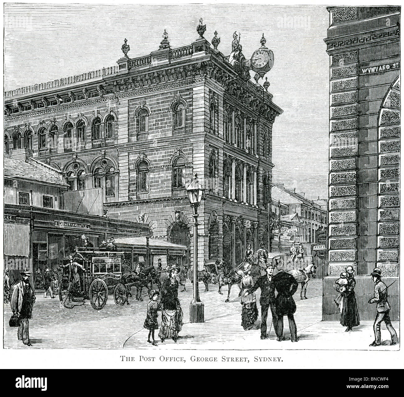 An engraving of the Post Office, George Street, Sydney, New South Wales, Australia - published in a book printed in 1886. Stock Photo