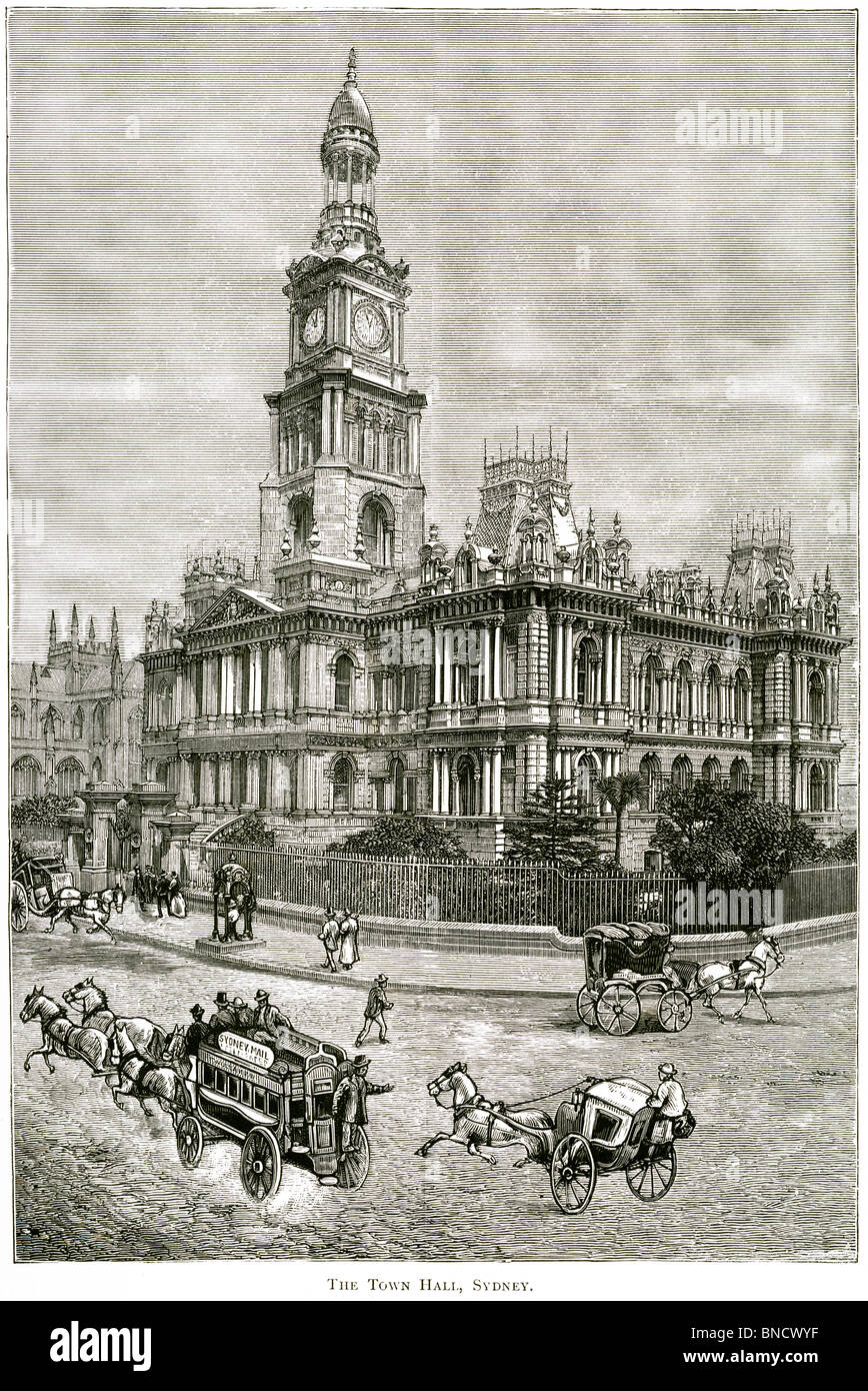 An engraving of the Town Hall, Sydney, New South Wales, Australia - published in a book printed in 1886. Stock Photo