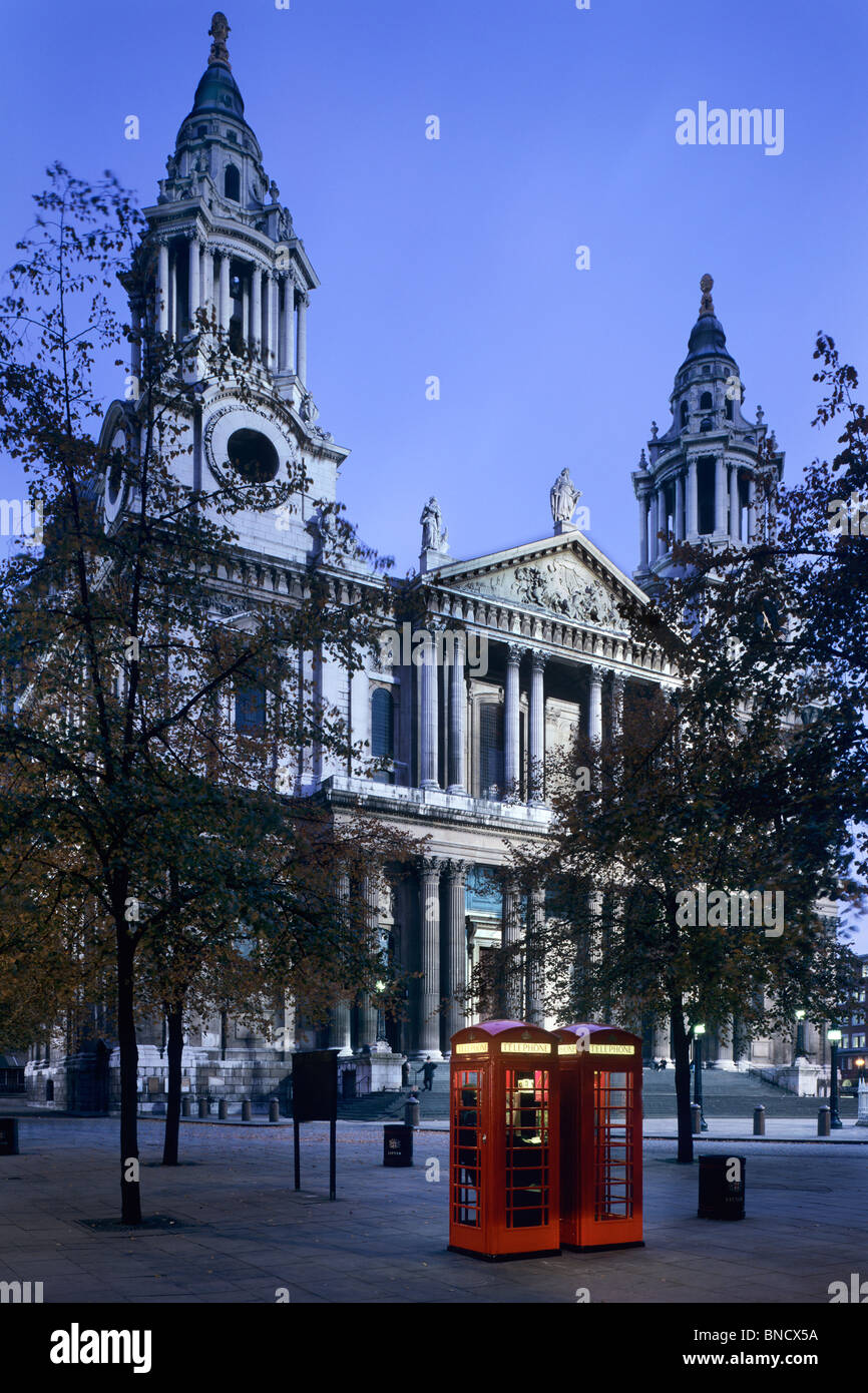 St.Paul's cathedral and telephone boxes at night, London, England, Europe Stock Photo