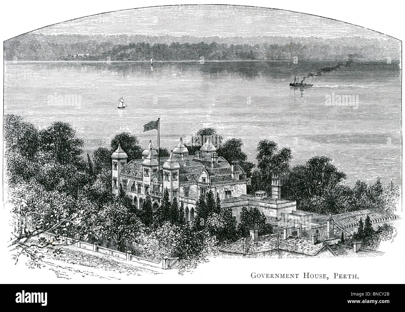 An engraving of Government House, Perth, Western Australia - published in a book printed in 1886. Stock Photo