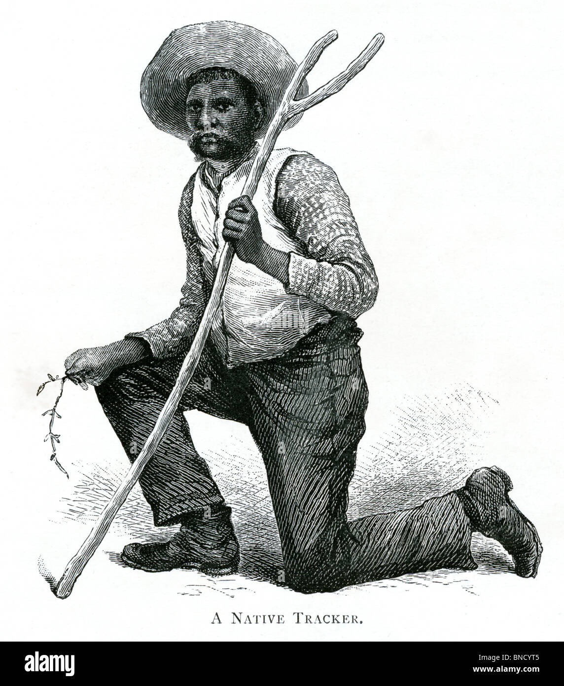 An engraving of a Native Tracker - published in a book about Australia printed in 1886. Stock Photo