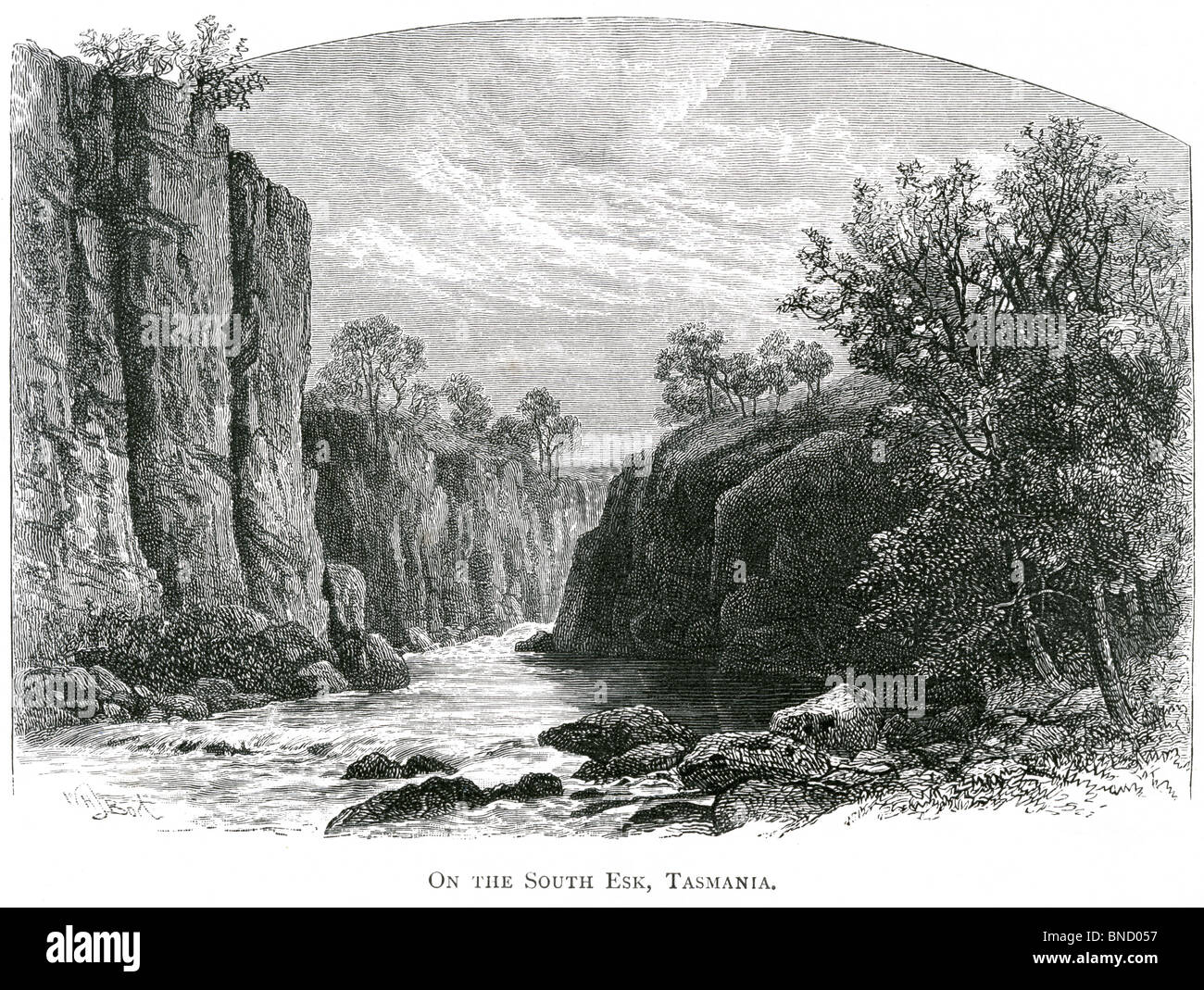 An engraving entitled 'On the South Esk, Tasmania' - published in a book about Australia printed in 1886. Stock Photo