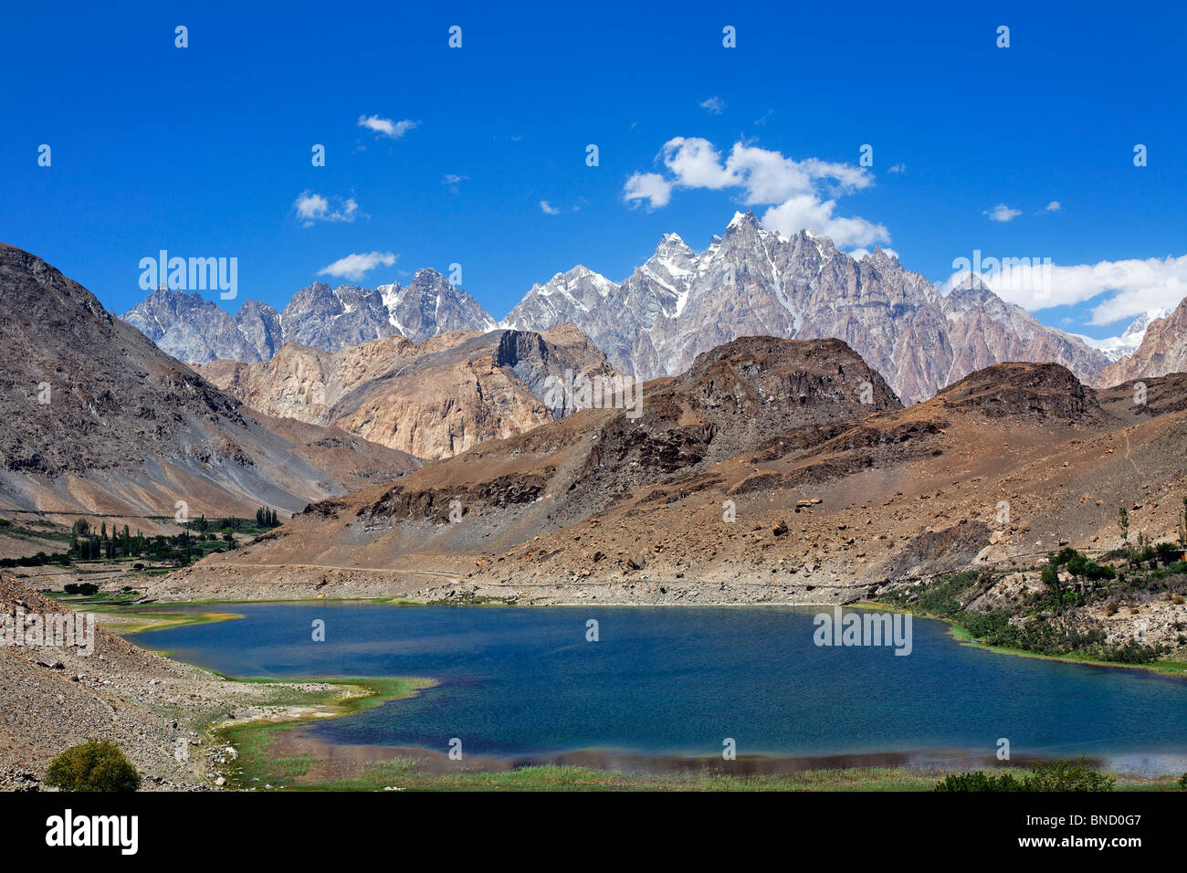 Borith Lake and mountains, Passu, Hunza Valley, Karakorum, Pakistan Stock Photo