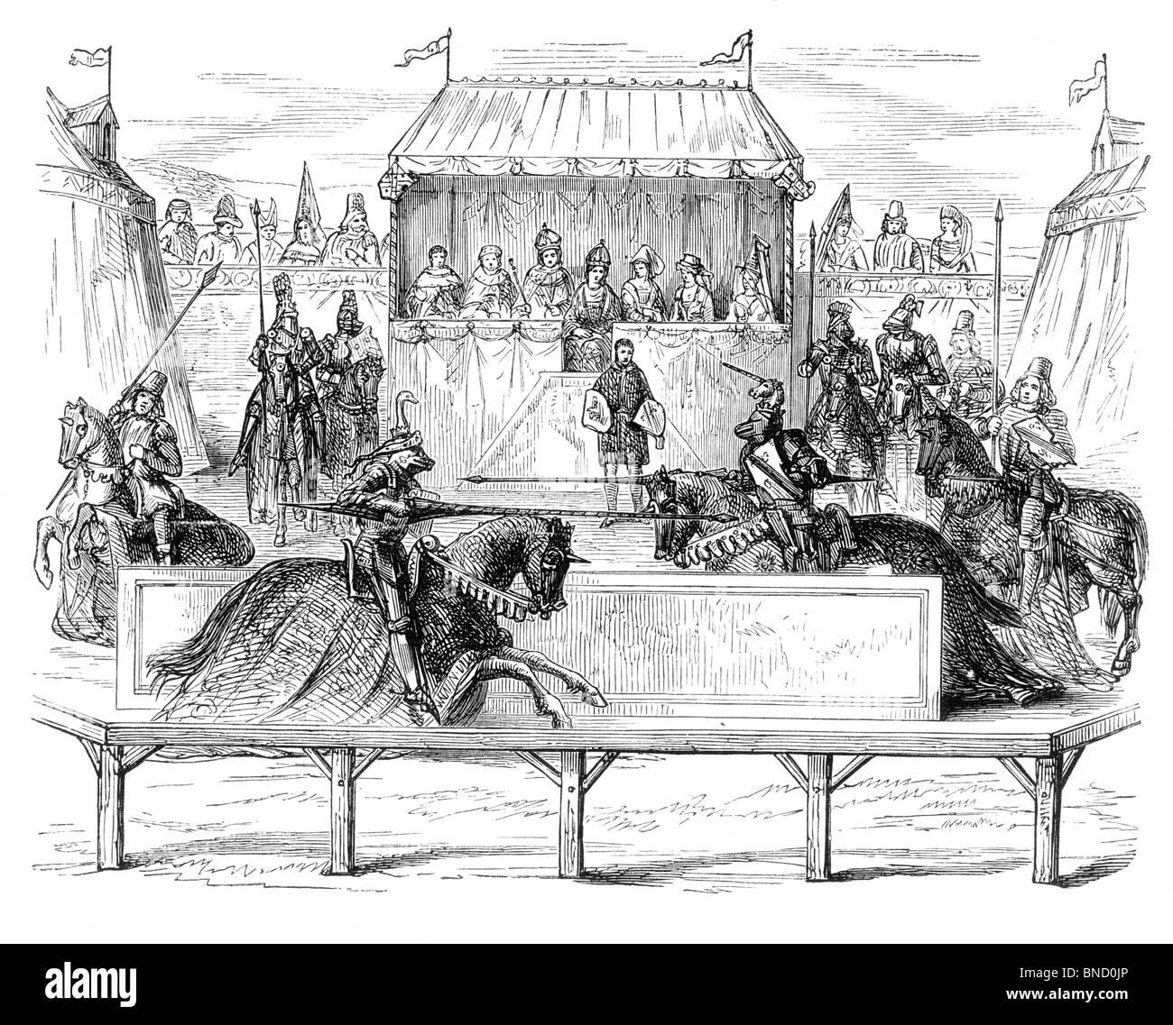 Black and White Illustration of a Medieval Joust Stock Photo