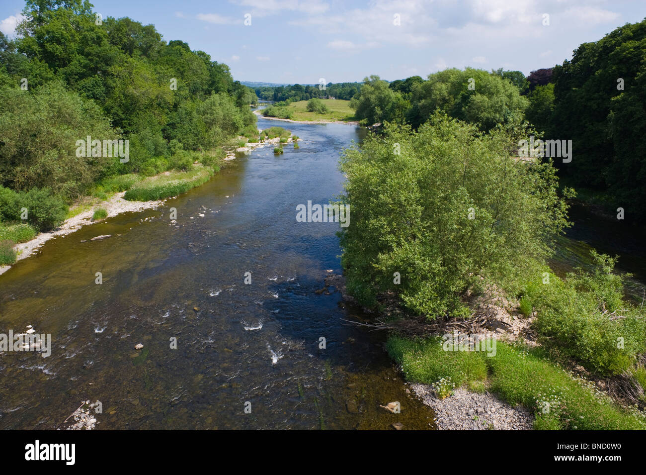 River Wye looking downstream from the bridge at Hay-on-Wye Powys Wales UK Stock Photo