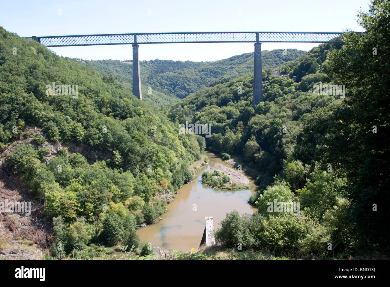 Railway line crossing the River Sioule, the Avergne, France. Stock Photo