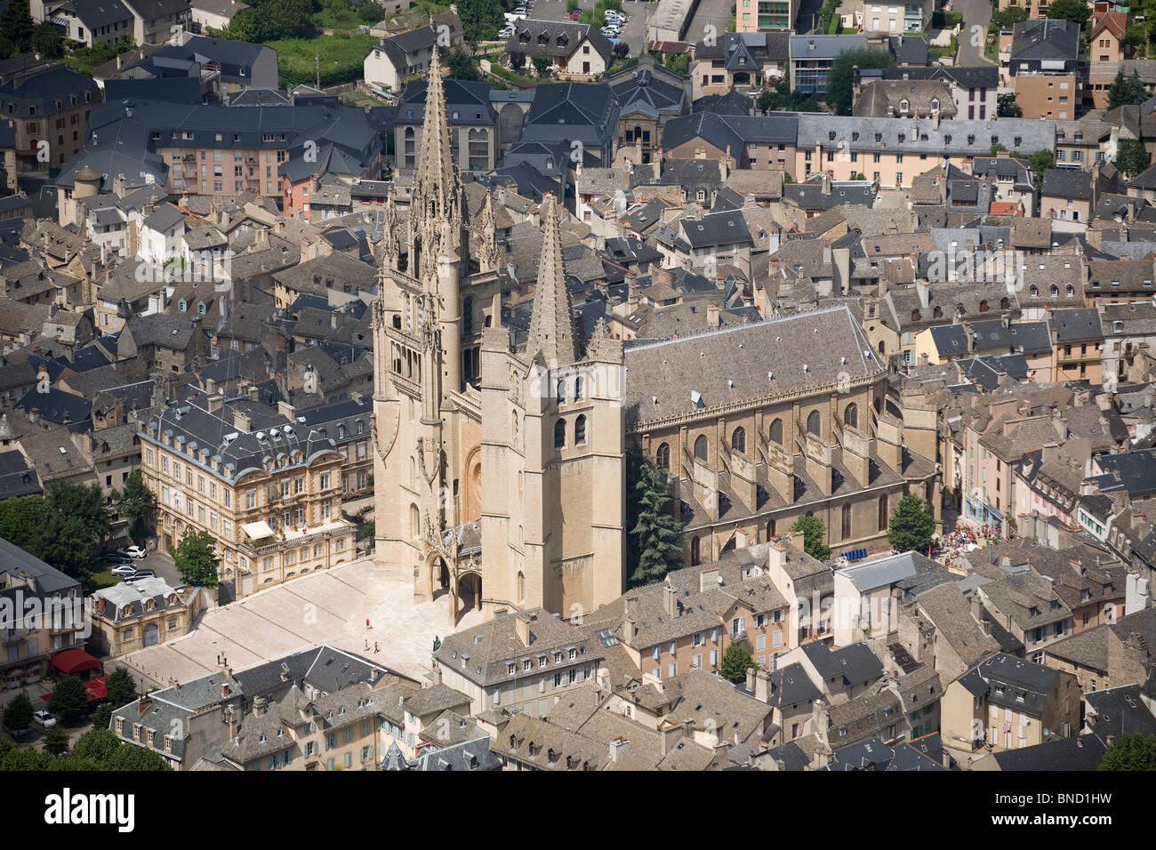 An aerial view of Mende and its basilica - cathedral (France). Vue aérienne de Mende et de sa basilique - cathédrale (France). Stock Photo