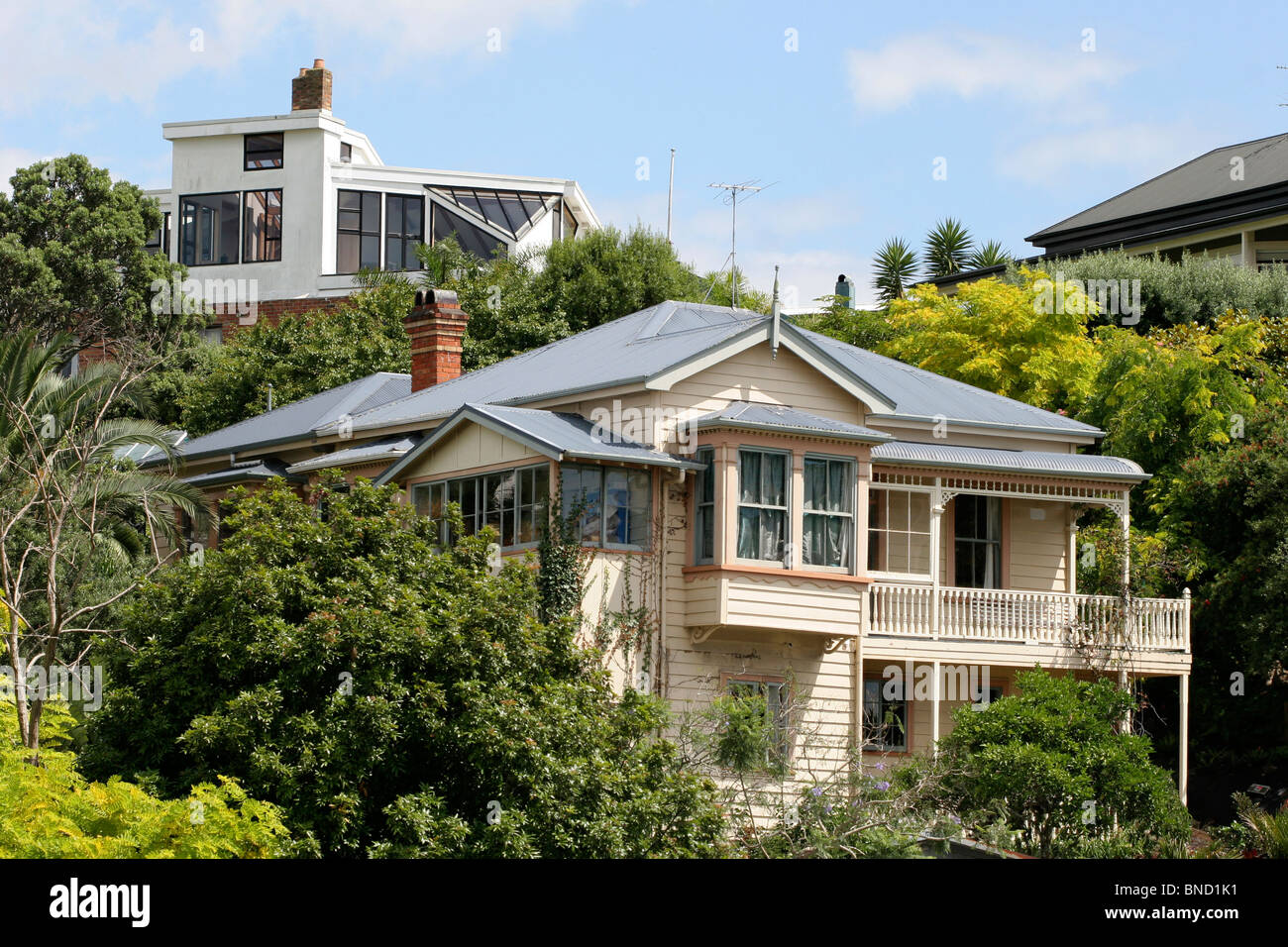 DEVONPORT outside Auckland New Zealand 2010 with one-familly houses in modern and Victorian stile Stock Photo